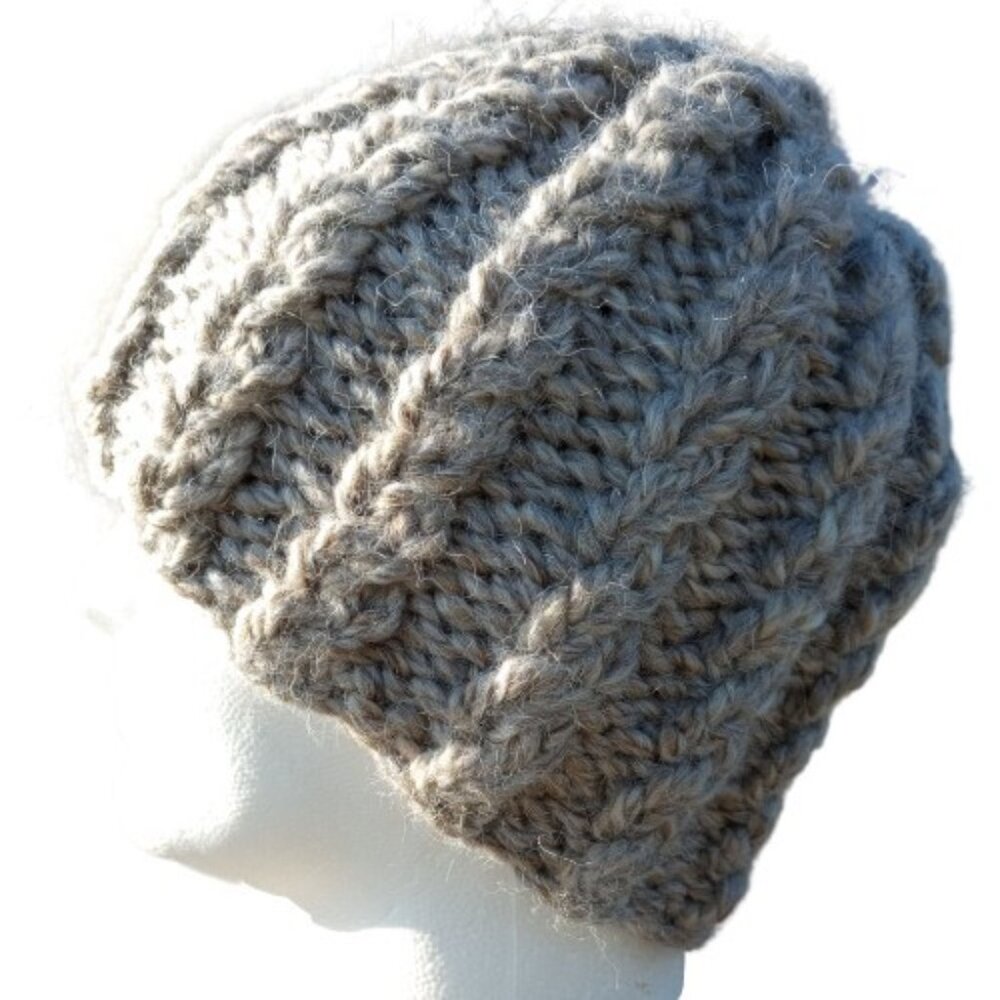 Alpaca Beanie Skully Hat Men Thick Chunky Hand Knit Wool Rib Barn Owl Beige L XL